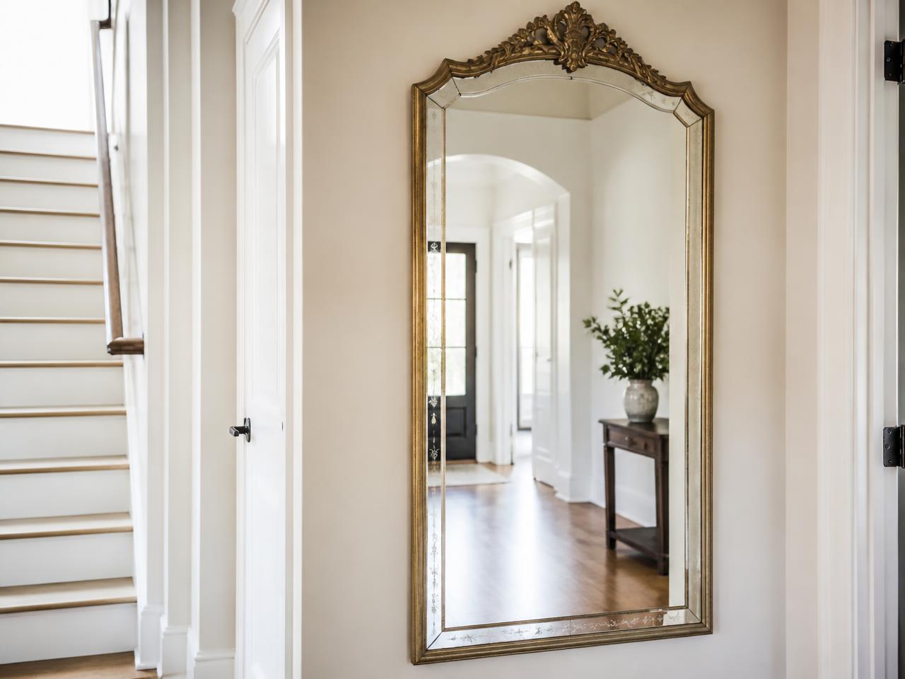 Tall beveled framed mirror mounted in a bright entryway hallway