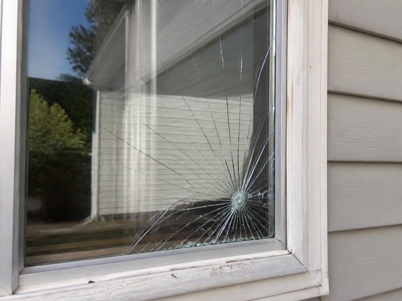 Close-up of a shattered spider-crack in a residential window pane before repair