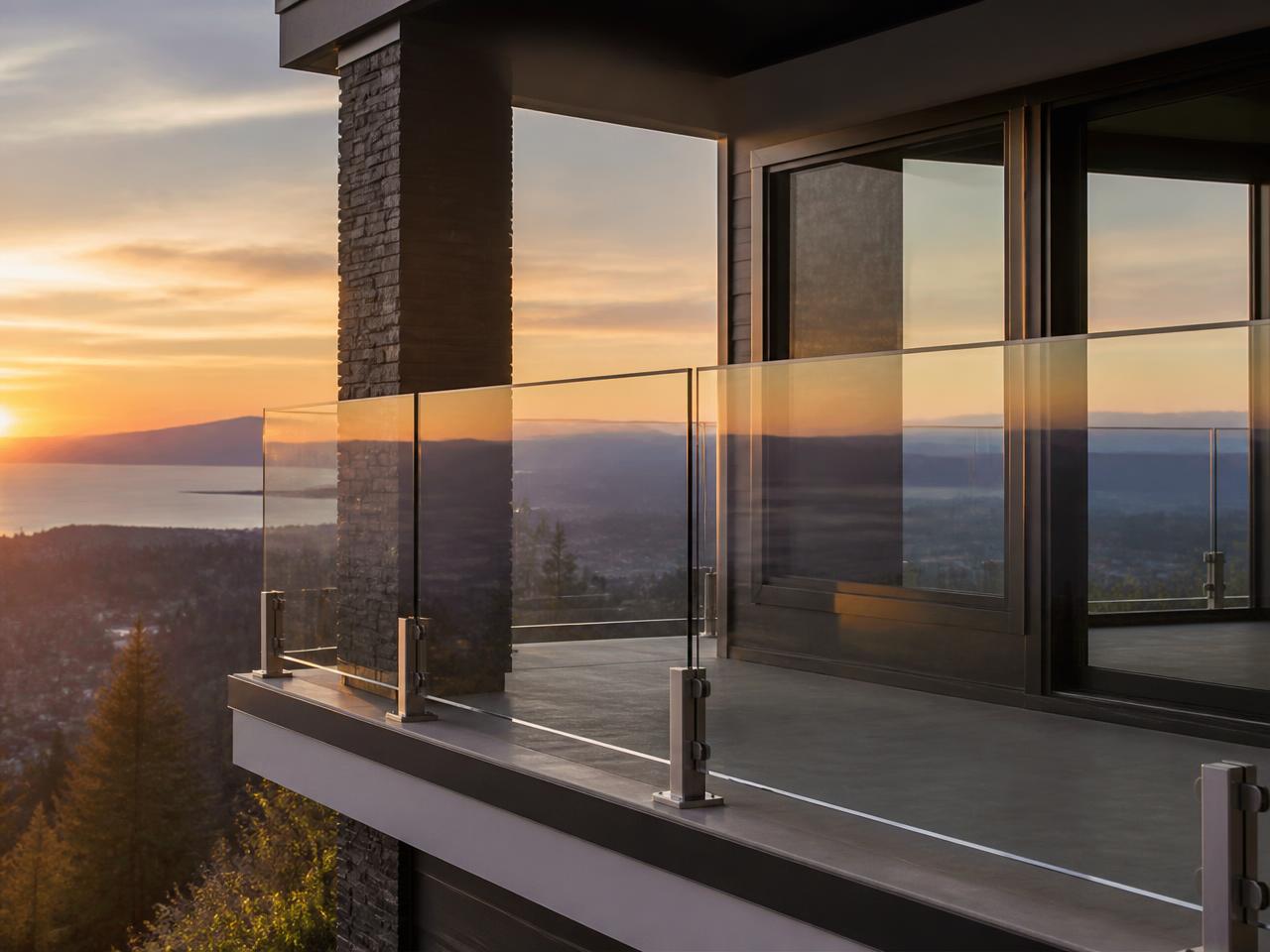Tempered glass balcony railing with stainless posts overlooking a hillside at sunset