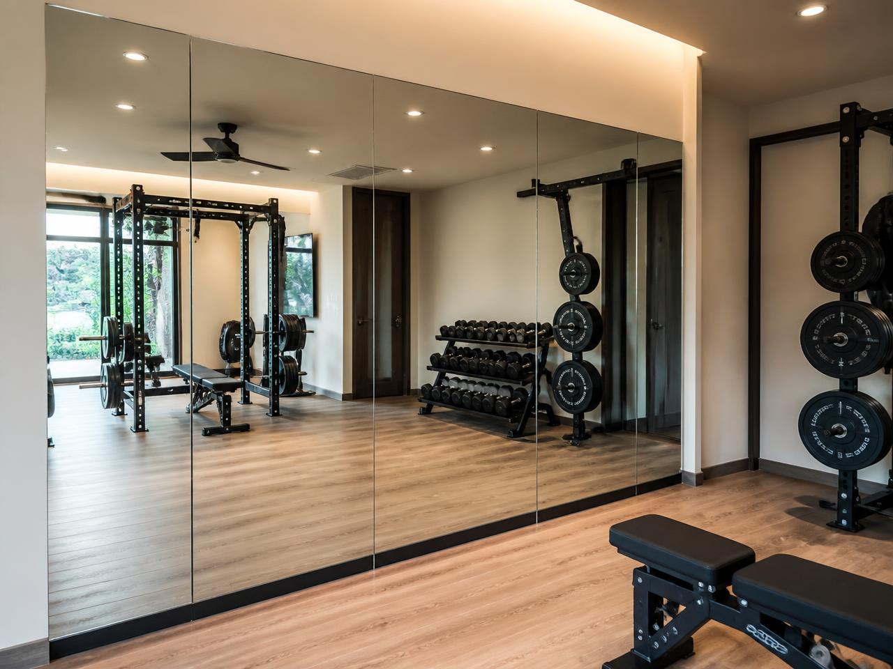 Floor-to-ceiling mirrored wall installed in a home gym with wood flooring