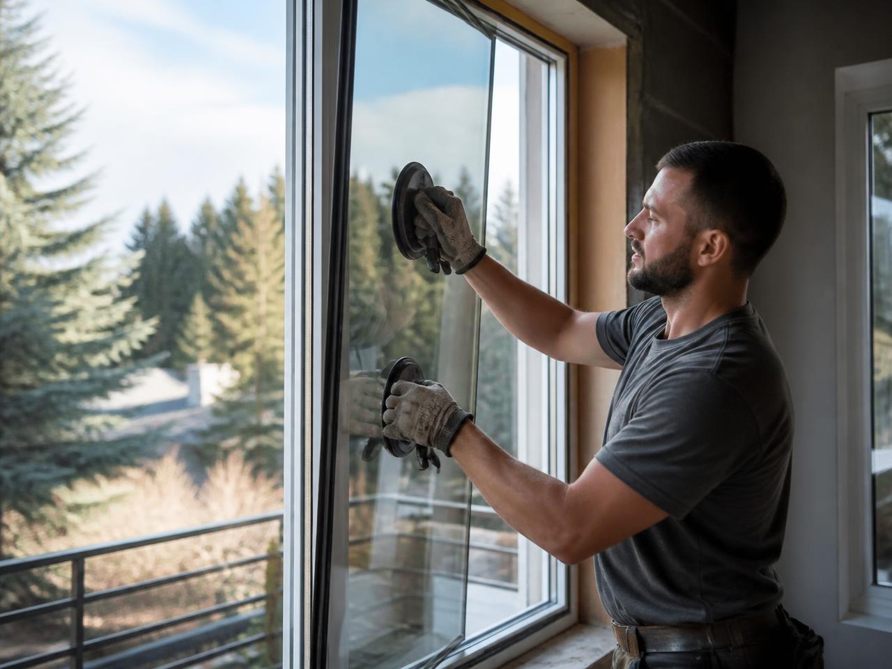 Technician replacing residential window glass with suction lifters